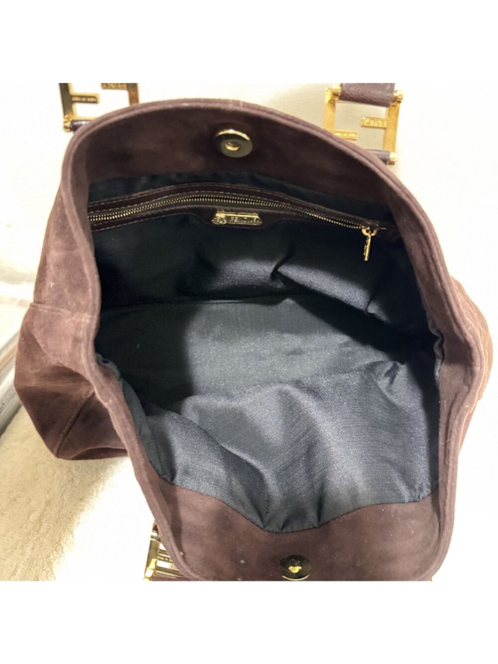 Vintage Fendi Brown Suede Leather Top Handle Tote Bag Gold FF Hardware Italy - Picture 7 of 15